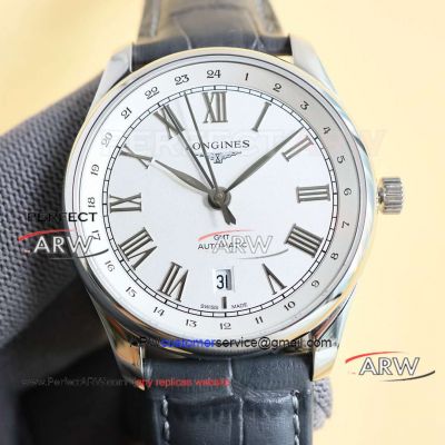 AAA replica Longines Master white dial Swiss automatic mechanical black leather strap watch 